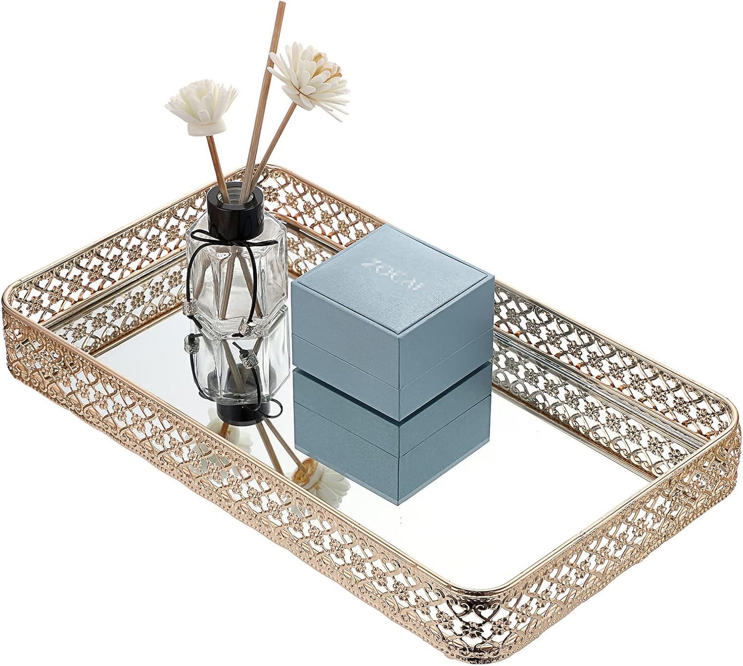 ELLDOO Gold Perfume & Makeup Vanity Tray - Hollow-Carved Jewelry Storage, Glass & Metal Trinket Organizer for Dresser & Bathroom Countertop, Large Size