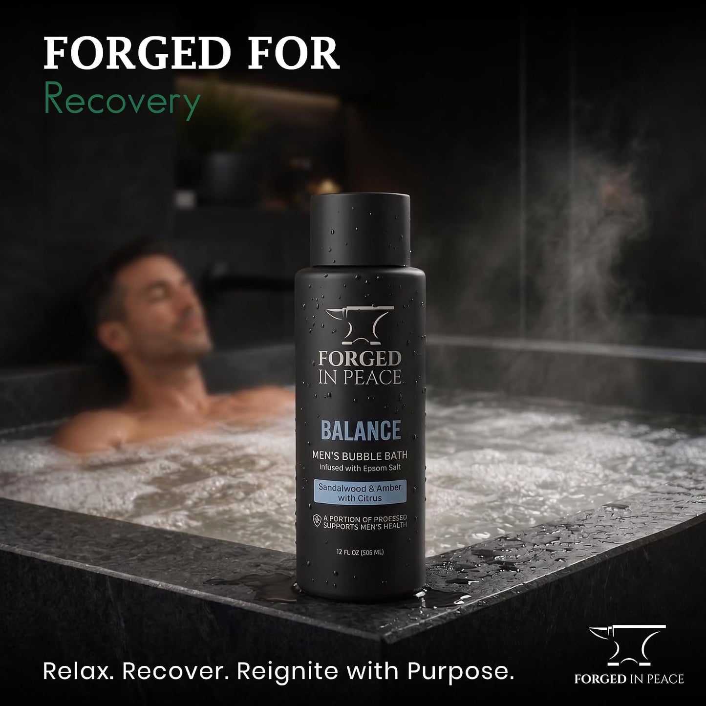 Men’s Bubble Bath with Epsom Salt & Aloe - Sandalwood, Amber & Citrus | Muscle Recovery, Skin Care, Stress Relief | 12 Fl Oz | Supports Men's Health