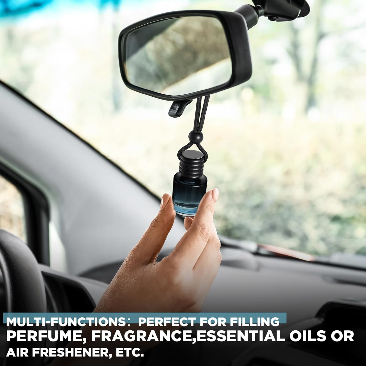 Domensi 30 Pieces Hanging Car Diffuser Air Freshener Bottle Bulk Empty Glass Refillable Perfume Bottles Oil Diffuser Aromatherapy Pendant for Auto Interior Ornaments Decor (Black)