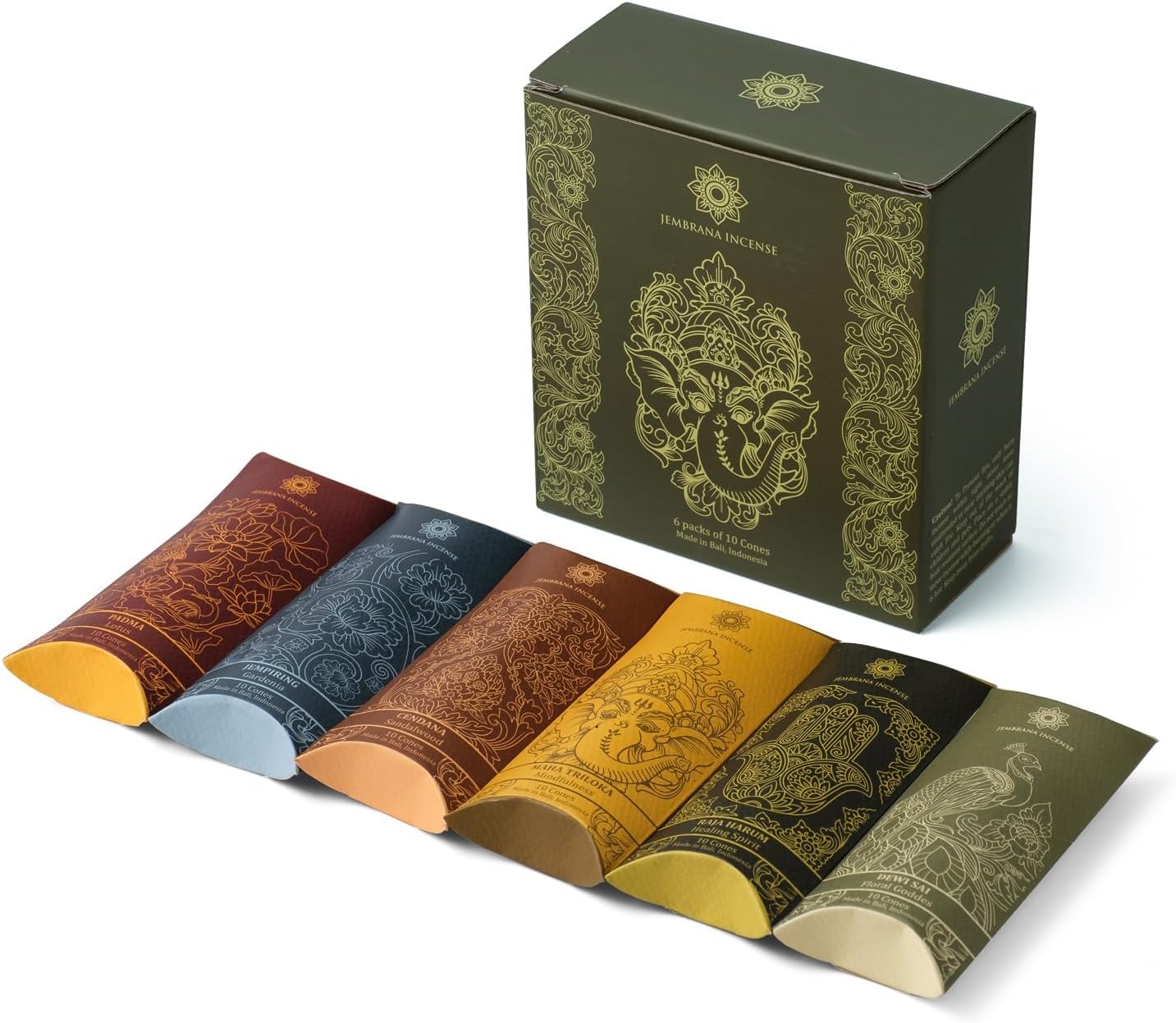 Jembrana Incense Cones - Mix 6 Scents (60 Cones Total) - Lotus, Gardenia, Sandalwood, Healing Spirit, Mindfulness & Floral Goddess - Authentic Balinese Handcrafted Gift Set