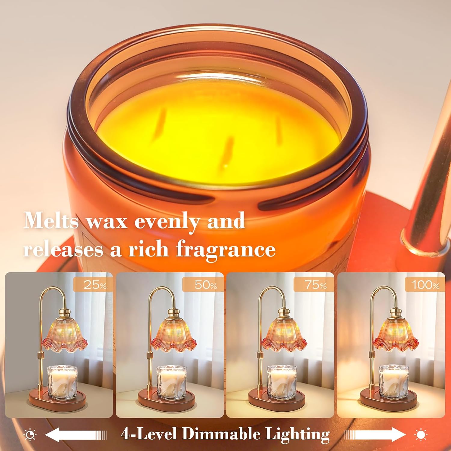 Banbanda Candle Warmer Lamp with Timer Dimmable: Birthday Gifts for Women, Safe Flameless Scent Lamp – Height Adjustable Candle Lamp, Walnut Solid Wood Base, with 2 Bulbs