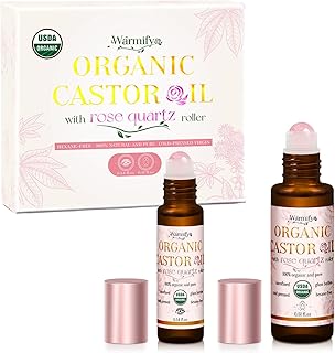 Organic Castor Oil with Real Rose Quartz Roll-On, 2 Pack for Face & Eyes — Lash & Brow Growth, Under Eye Care, Skin Moisturizing, Cold-Pressed, Hexane-Free, Beauty Self-Care Gifts for Women