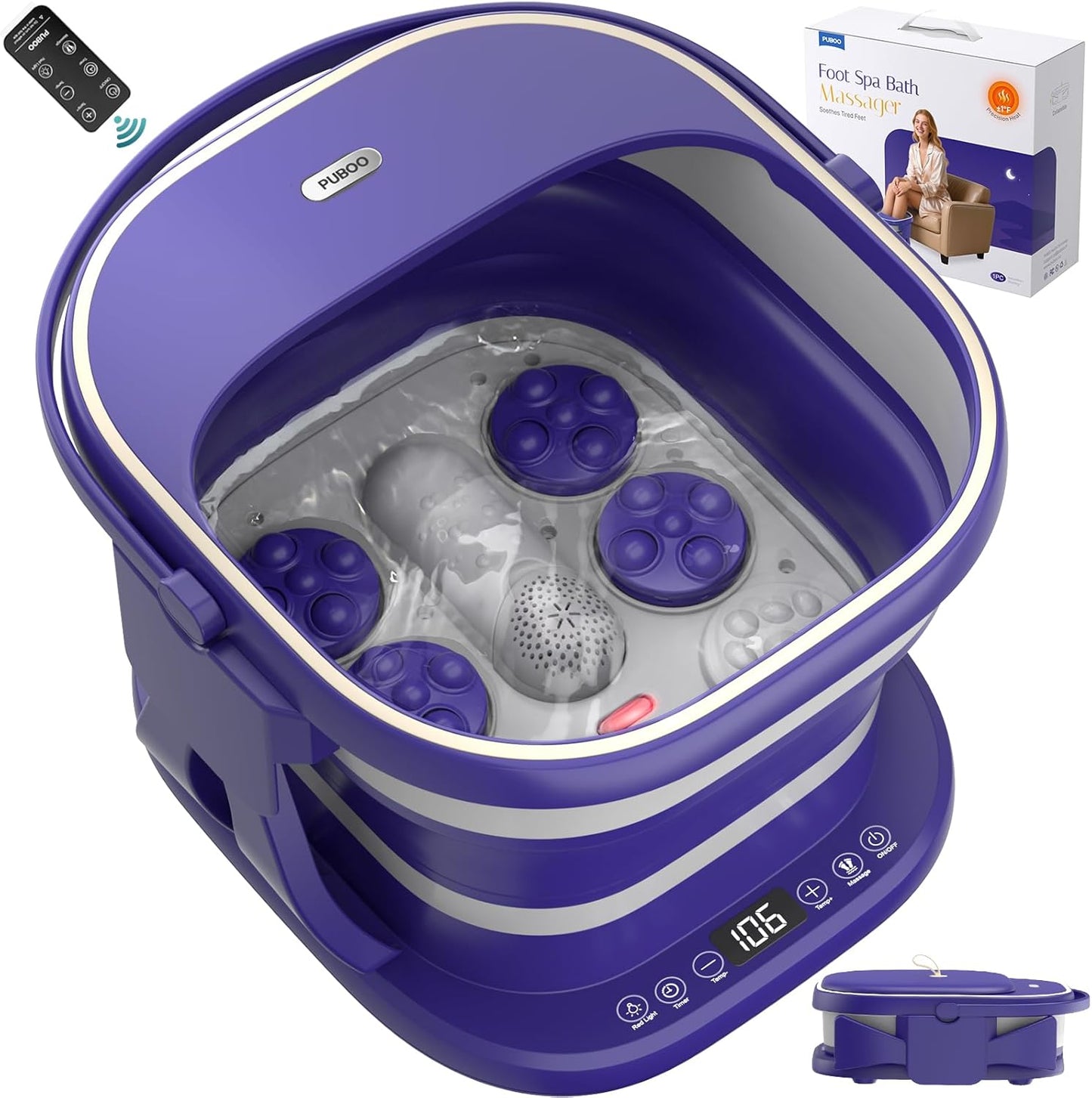 Puboo Collapsible Foot Spa Bath Massager with Heat, 95-115°F Precise Temp Control, Motorized Massage Rollers, Heated Foot Bath Soak Tub, Fits up to US Men’s Size 11 / Women’s Size 12.5