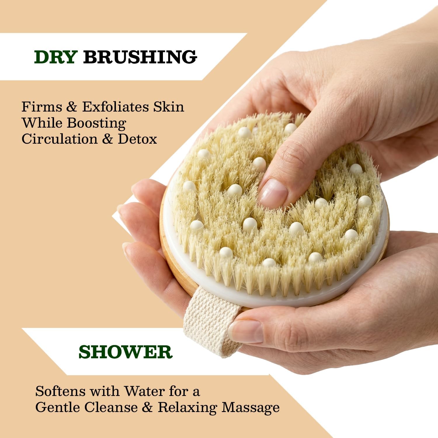 Large Dry Brushing Body Brush - Natural Boar Bristle Brush for Lymphatic Drainage, Cellulite, Blood Circulation - Skin Massage Nodes for Detox, Flawless Skin, Exfoliating Body Scrubber