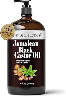 Natural Riches Jamaican Black Castor Oil Glass Bottle Pure Organic Cold Pressed for Hair Growth Skin Care for Dry Skin Conditioning Eyebrows Eyelashes Scalp and Nail Moisturizes & Repairs 16fl.oz.