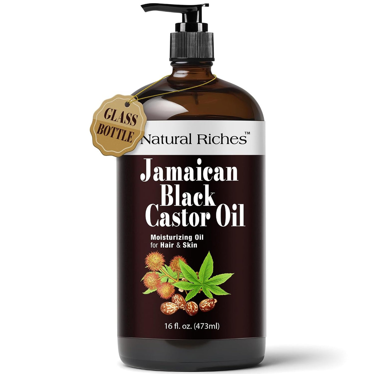 Natural Riches Jamaican Black Castor Oil Glass Bottle Pure Organic Cold Pressed for Hair Growth Skin Care for Dry Skin