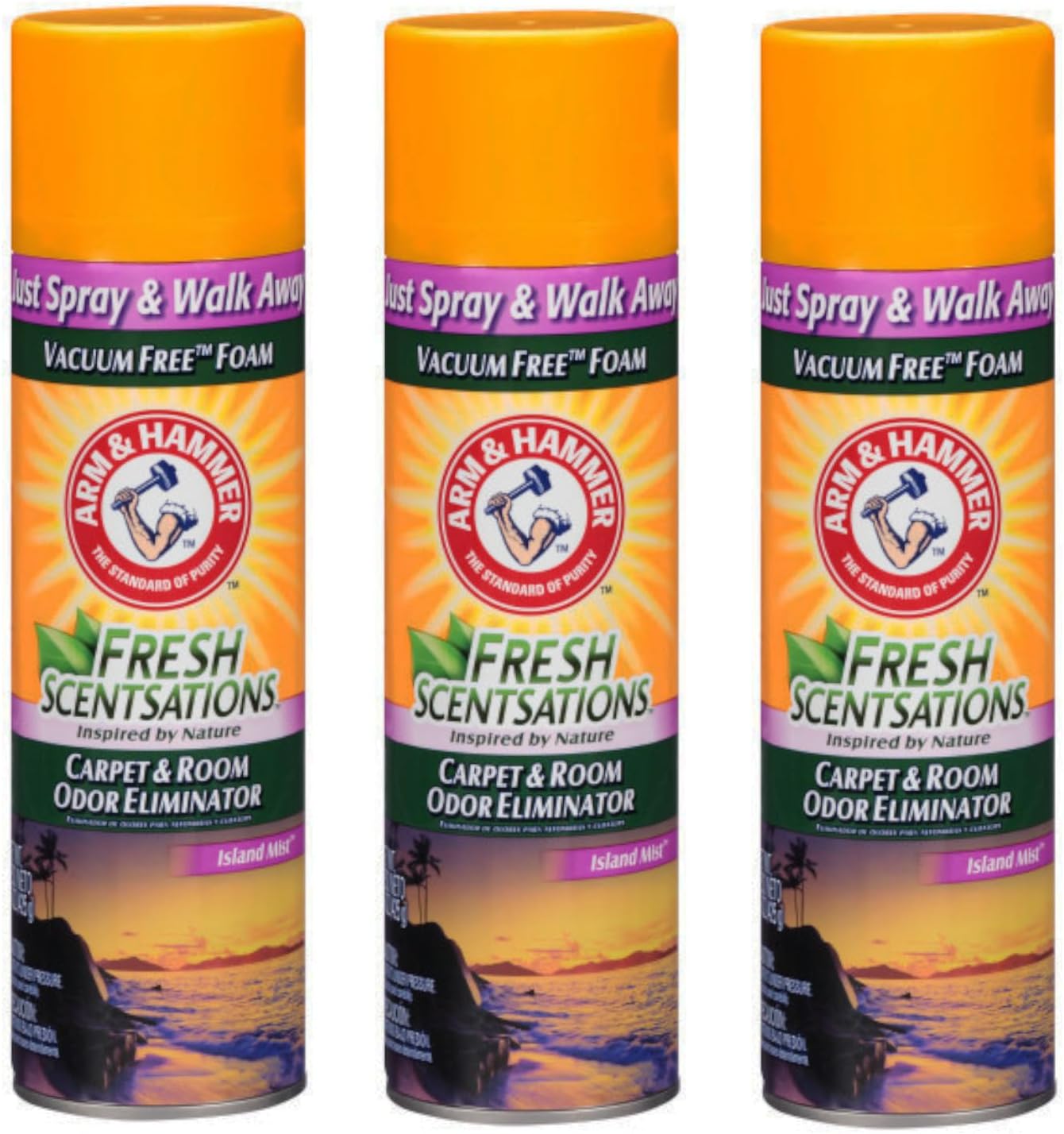 Arm & Hammer Fresh Scentsations Carpet & Room Odor Eliminator Spray, Island Mist, Vacuum-Free Foam, Just Spray and Walk Away, 15 oz (Pack of 3)