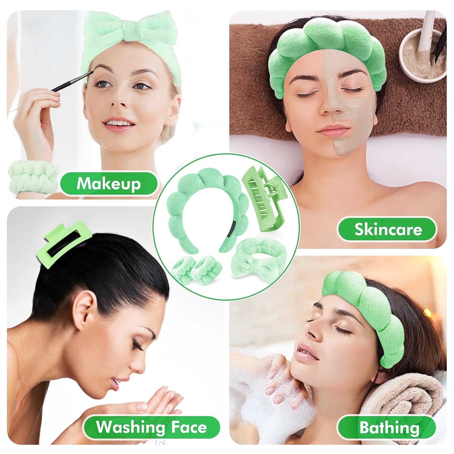 Zkptops 5Pcs Spa Headband for Washing Face Wristband Set Sponge Makeup Skincare Terry Cloth Bubble Soft Hairband Hair Claw Clips for Thick Hair Puffy Padded Headwear Non Slip Hairs Accessory (Green)