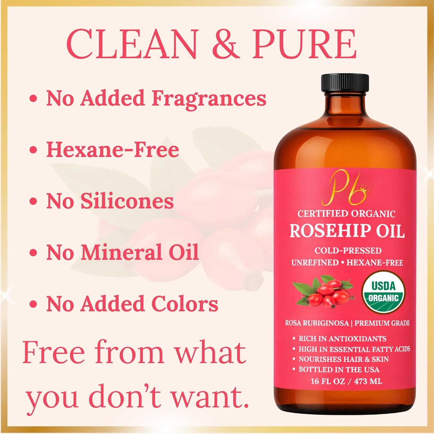 Rosehip Oil – USDA Organic 100% Pure, Cold-Pressed & Unrefined, Rosehip Oil for Face, Skin & Hair– Helps Reduce the Appearance of Fine Lines & Wrinkles – Rose Hip Seed Oil16 fl oz Glass Bottle