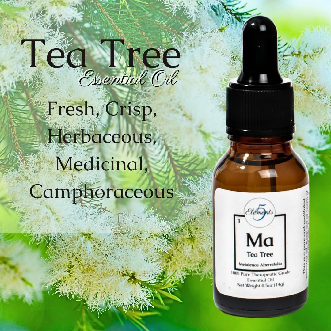 Theraputic Grade - Tea Tree Essential Oil - Melaleuca Alternifolia- Pure and Natural Botanical Oils by 5 Elements - for use in Aromatherapy, Diffusers, Oil Burners - Home Fragrance (Tea Tree)