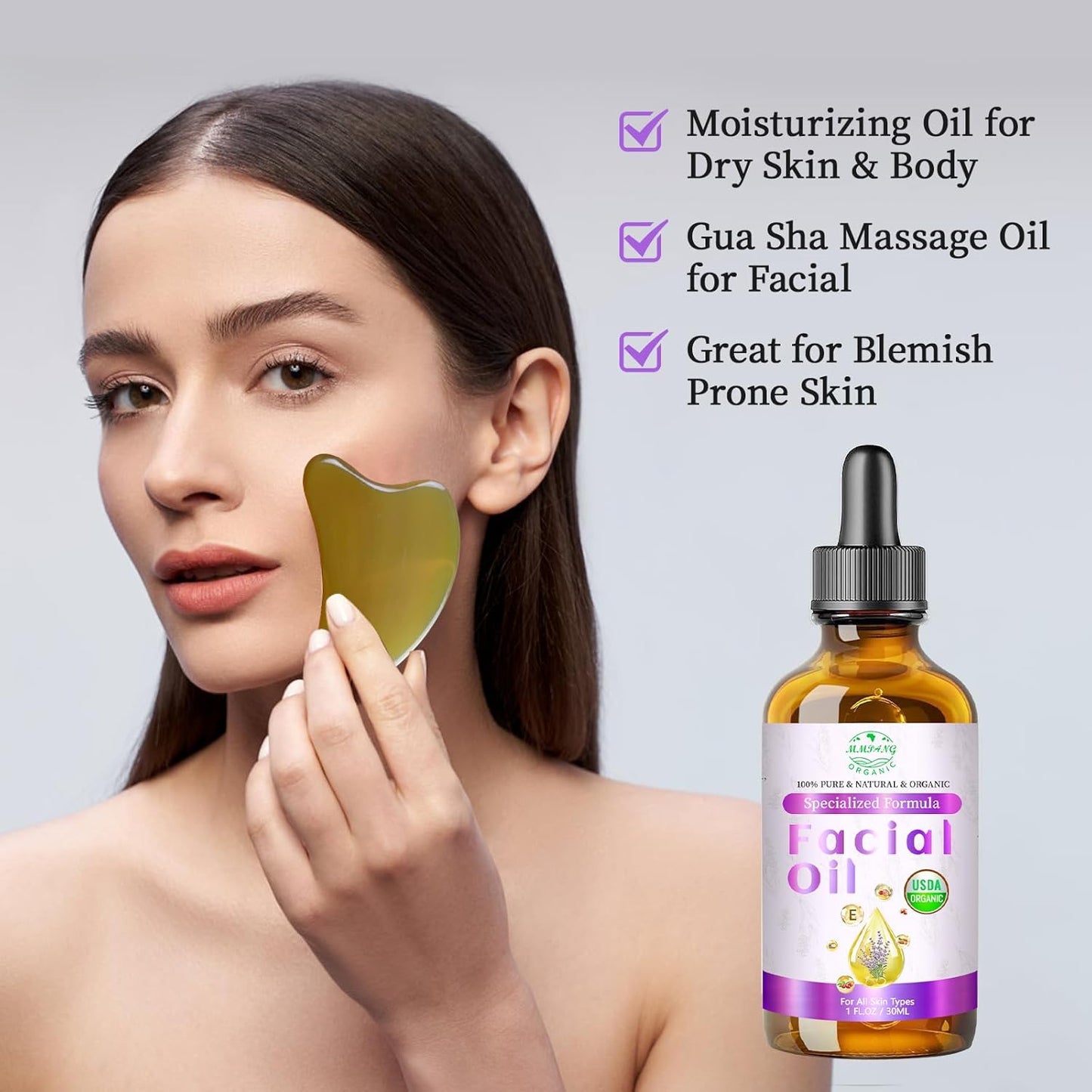 Organic Face Oil with Lavender, Rosehip, Frankincense, Pomegranate & Vitamin E - USDA Certified Cold Pressed 100% Natural Anti-Aging Facial Oil for Moisturizing, Brightening - 1oz / 30ml
