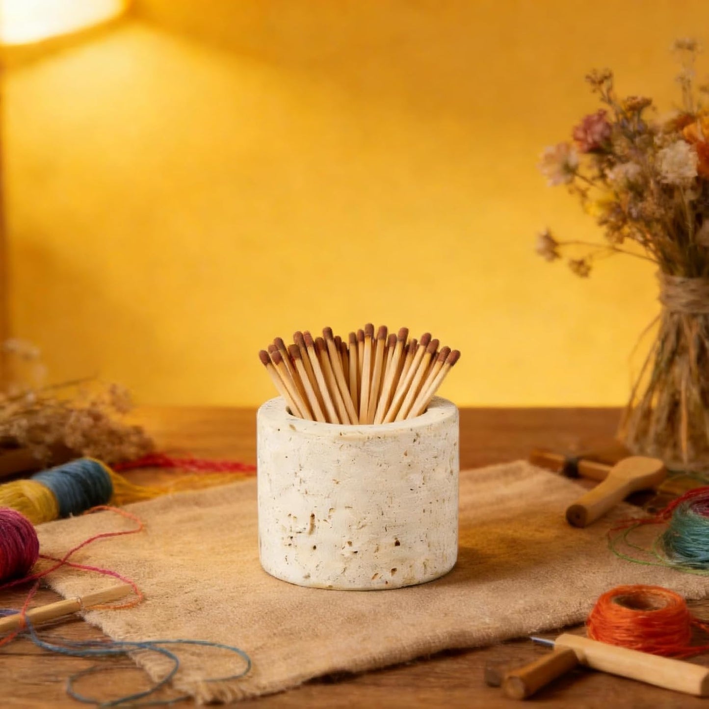 1 Match Holder with 3 Strikers, 2.56x1.97in Travertine Stone Decorative Fireplace Matches Dispenser Matchstick Organizer Cute Candle Jar for Camping Home Parlor Bathroom Kitchen, Matches Not Included