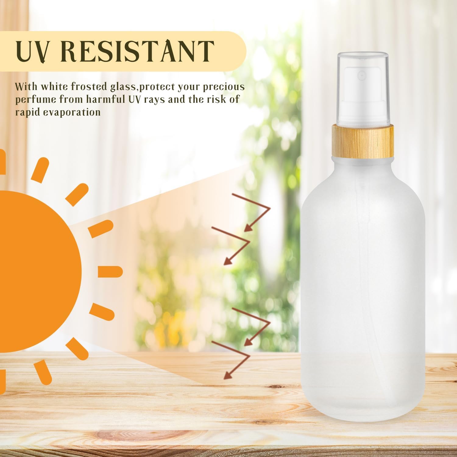 4-Pack 4 Oz Glass Spray Bottle with Bamboo Lid,Empty Refillable Fine Mist Atomizer,Leak-Proof Travel Liquid Holder Container for Cologne,Essential Oils,Room Sprays,Cleaning Solutions (Frosted)