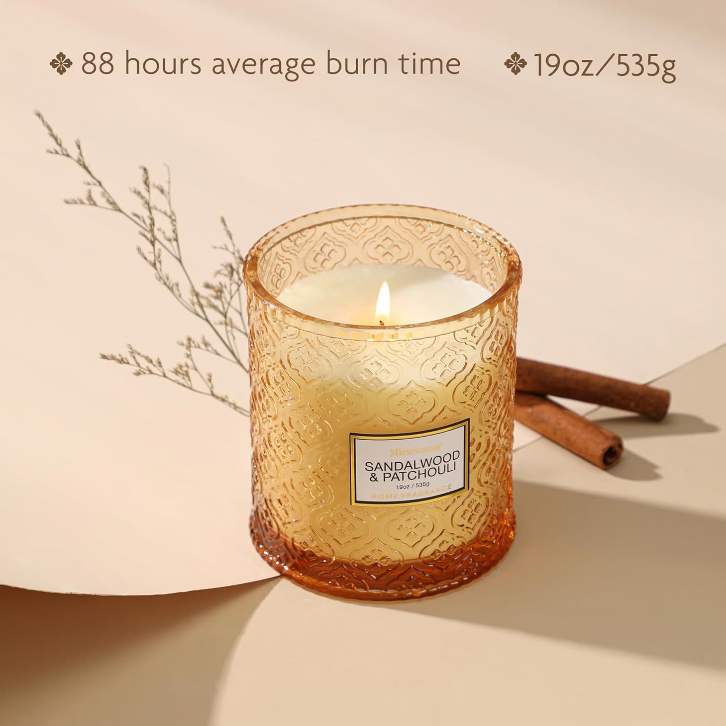 Sandalwood & Patchouli Candle, Luxury Decorative Glass Candle 19oz, Soy Wax Scented Gift for Women, Elegant Home Fragrance
