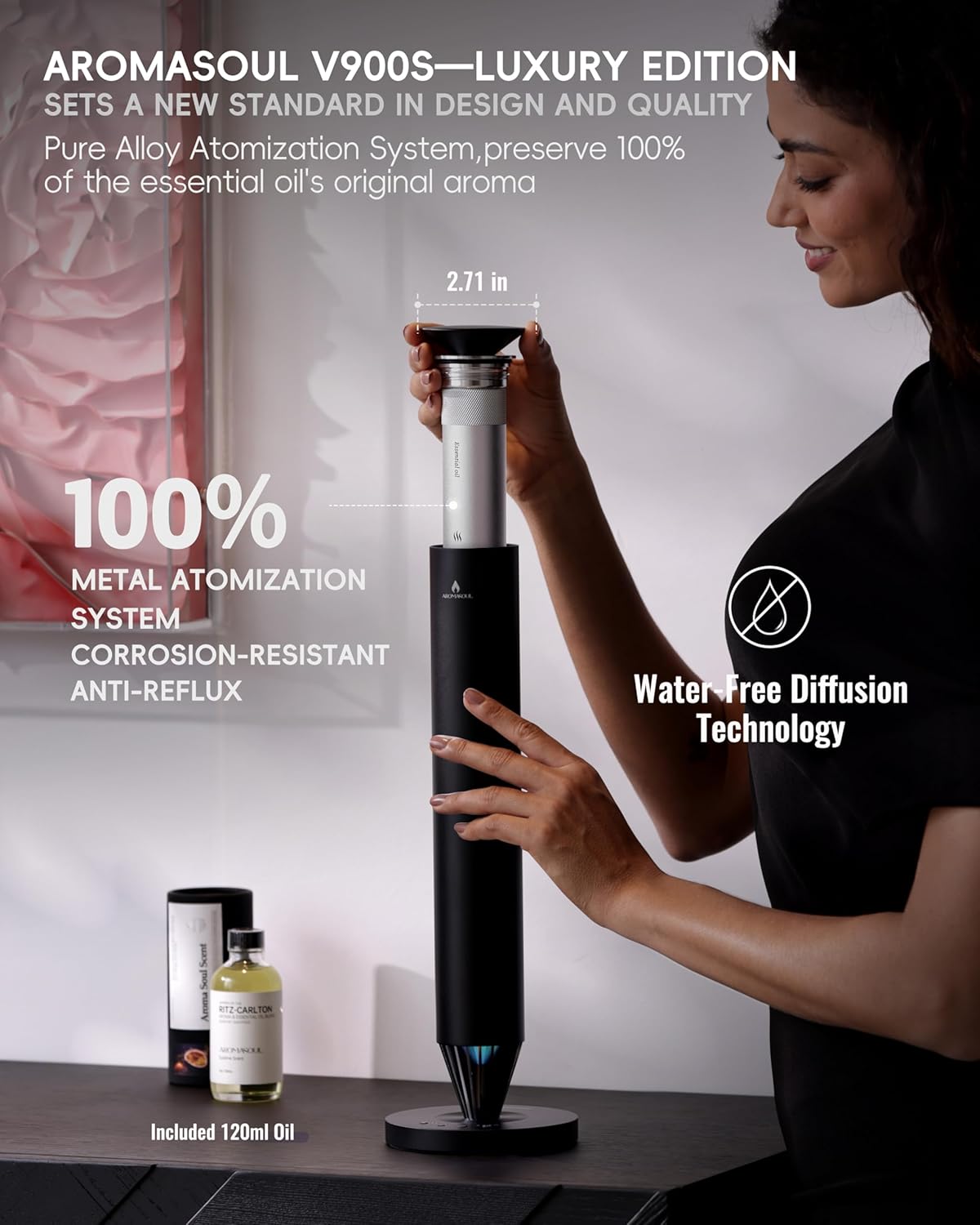 Wireless Rechargeable Hotel Scent Diffuser Starter Kit - 1500 Sq Ft Coverage, Alloy Atomization System,Mood Light,Waterless Oil Diffuser, Including 120ml Essential Oil, for Home,Large Room,Spa,Black