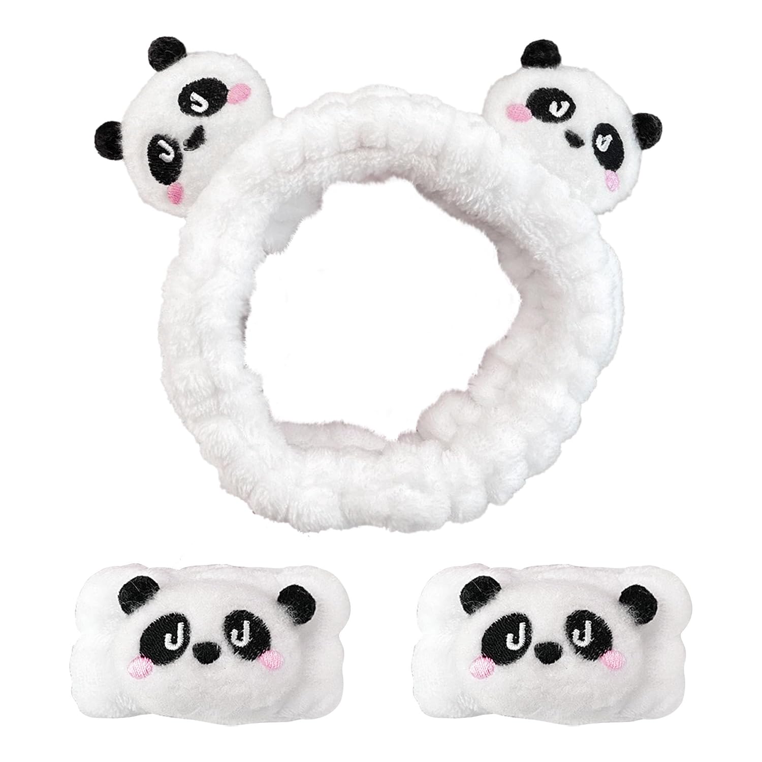 3 Pcs Unisex Adult Panda Headband & Wristbands Set, White, Plush Fabric, Spa & Face Wash Accessory
