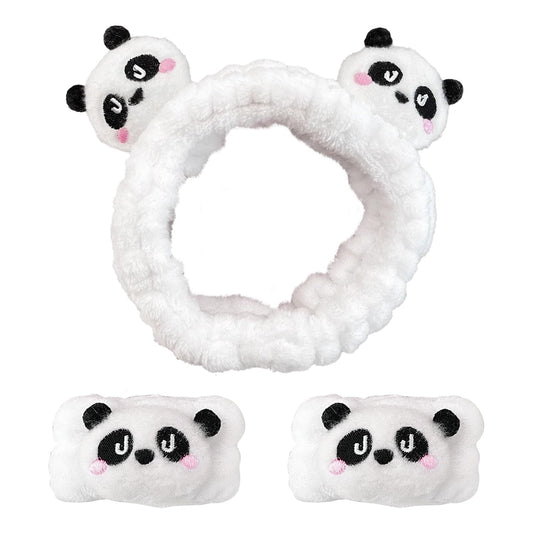 3 Pcs Unisex Adult Panda Headband & Wristbands Set, White, Plush Fabric, Spa & Face Wash Accessory