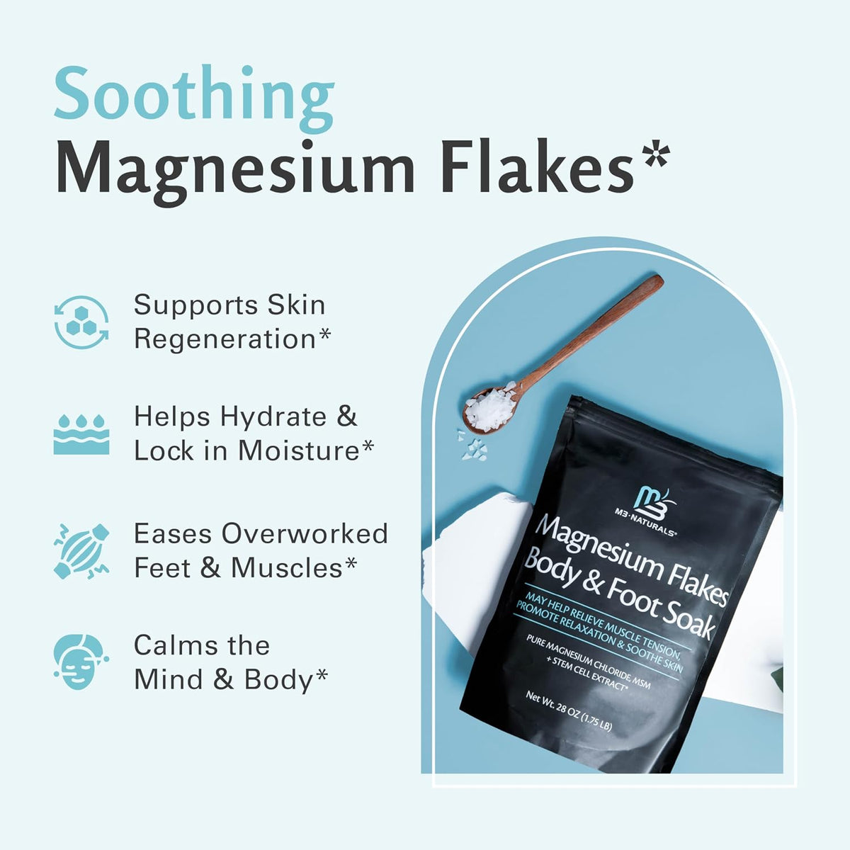 Magnesium Flakes for Bath, Dead Sea Salt, MSM &amp; Stem Cells, 28 oz by M3