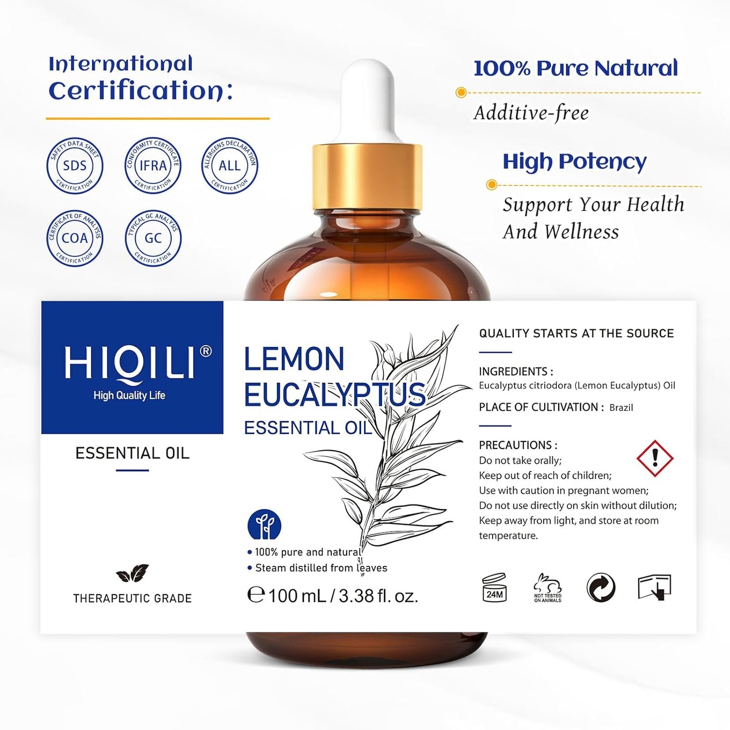 HIQILI Lemon Eucalyptus Oil, for Spary, Diffuser, Indoors, Outdoors, Garden, Yard, 100% Pure Natural - 3.38 Fl Oz