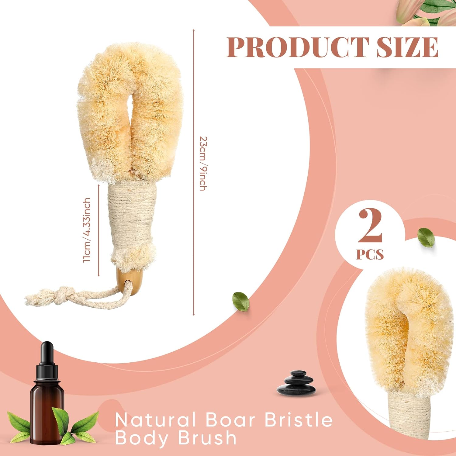 2 Pcs Dry Brushing Sisal Body Brush, Natural Bristle with Fibers Scrubber, Dry Skin Exfoliating Bath Shower for Skin Care