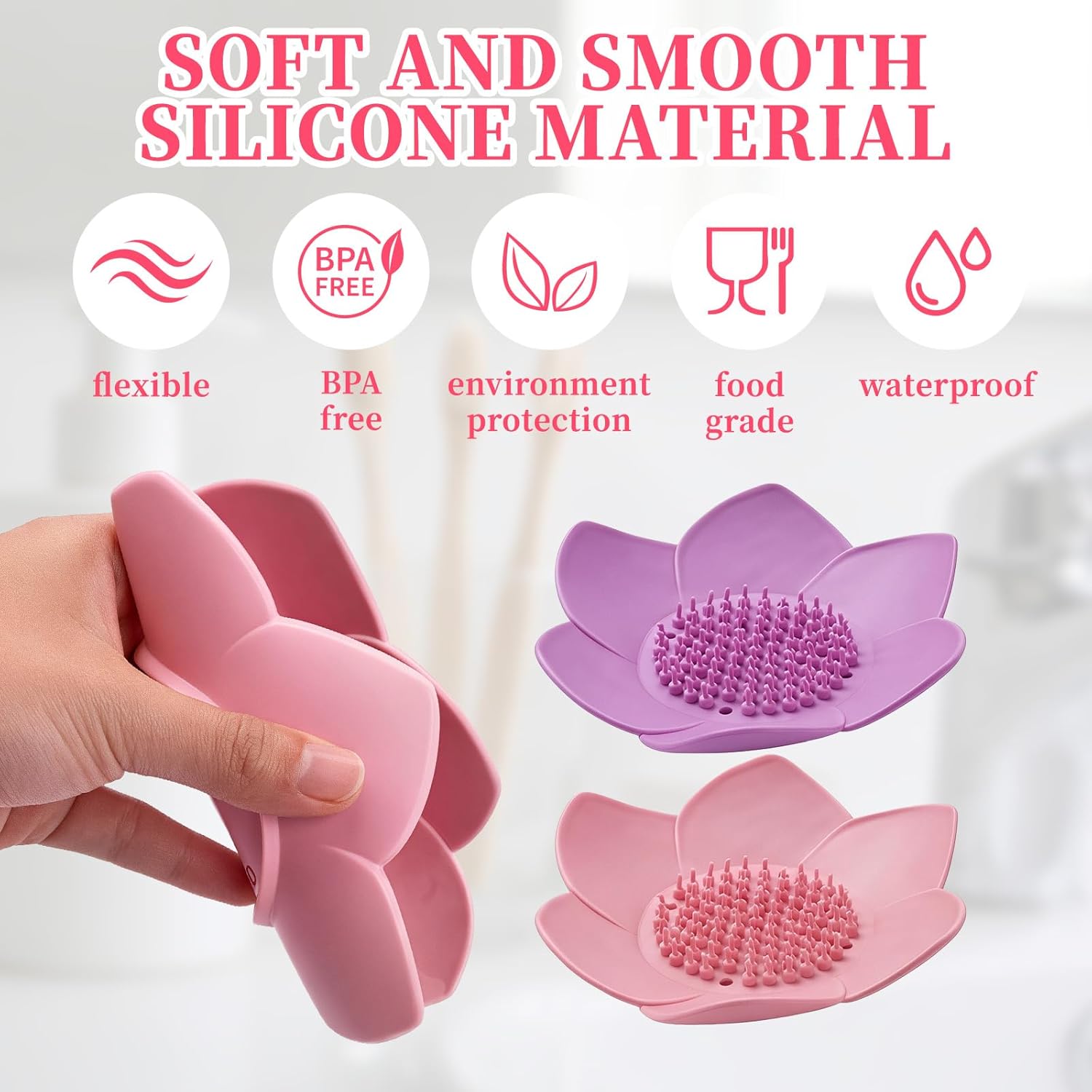 2 Pcs Lotus Shape Shower Steamer Tray, Silicone Soap Holder Non-Slip, Flower Shape Draining Soap Dishes with Drainage for Shower Non-Slip Holders Bathtub, Sink & Modern Bathroom Décor