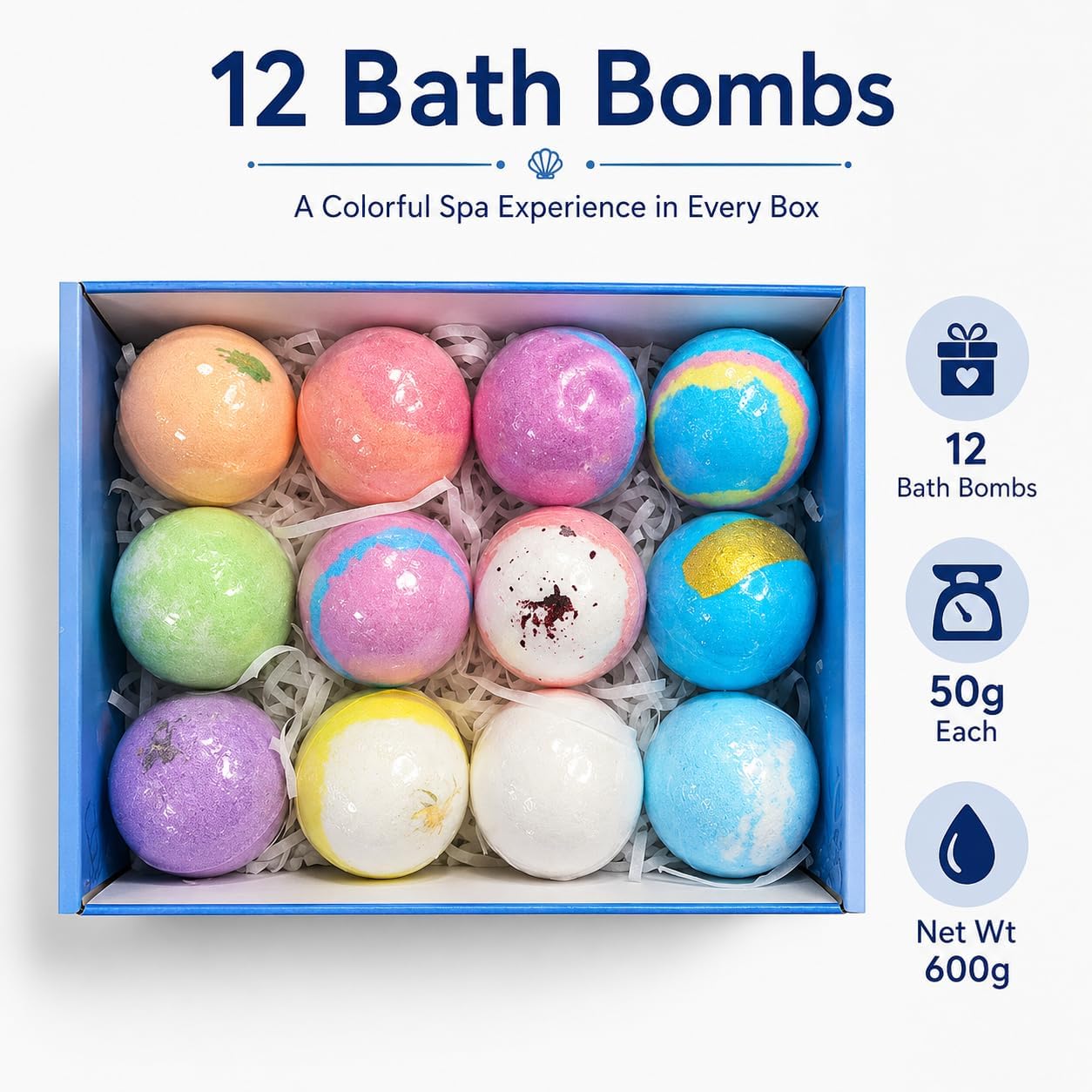 Ocean Bath Bomb Gift Set, 12 Pack Colorful Bath Fizzies, 1.76 oz Each, Bathwater Additive for Relaxing Soaks, Home Spa Bath Set for Women and Men