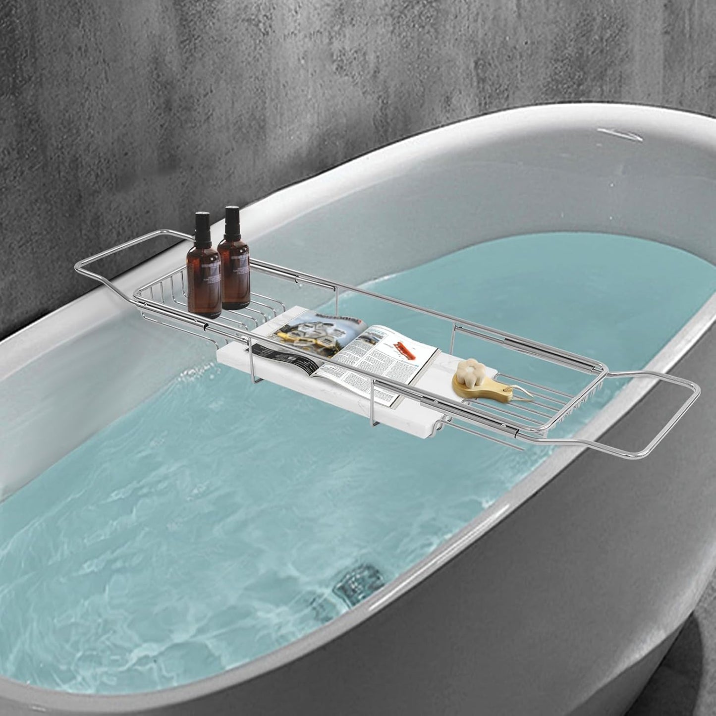 Expandable Bathtub Tray Caddy for Bath Relaxing, Bath Table Tub Tray, Adjusts from 26.77-35.43 in, Ideal for Housewarming, Multifunctional Bathtub Bathroom Organizer (Silver+White)