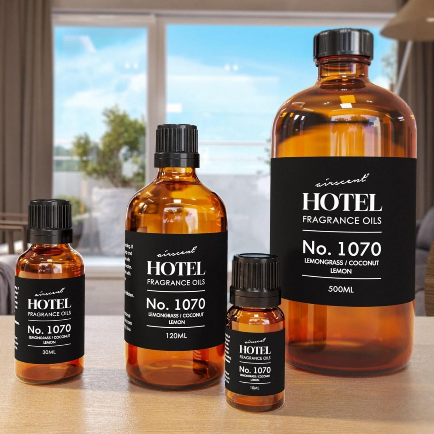 AirScent Hotel Diffuser Oil No. 1070 - Lemongrass, Coconut, Lemon - Premium Fragrance Oil for Ultrasonic and Waterless Diffusers and Crafting - 10 mL, 0.34 fl oz Glass Dropper Bottle