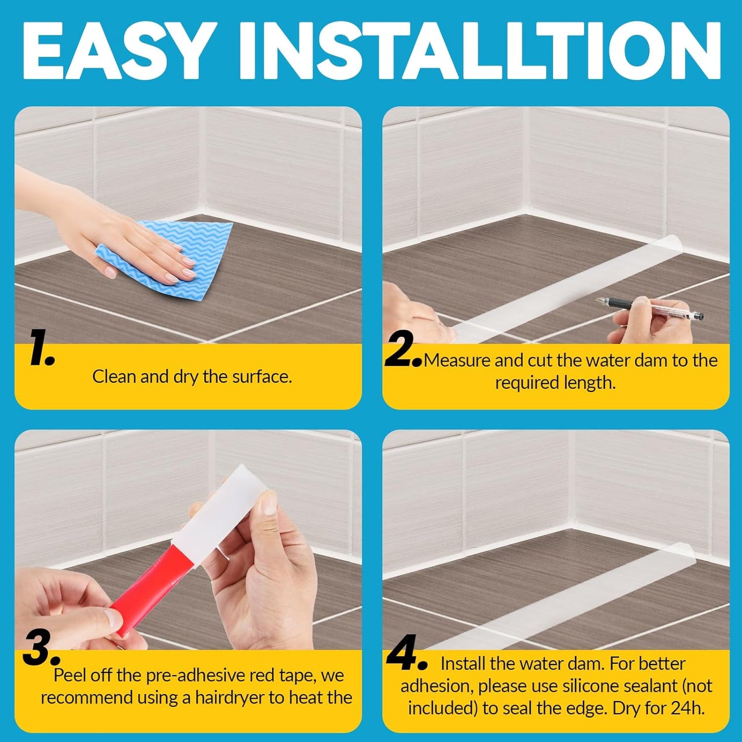 67" Collapsible Shower Threshold Water Dam Shower Barrier Keeps Water Inside Threshold Dry and Wet Separation Retention System Suitable for Bathroom Kitchen Sink Bathtub