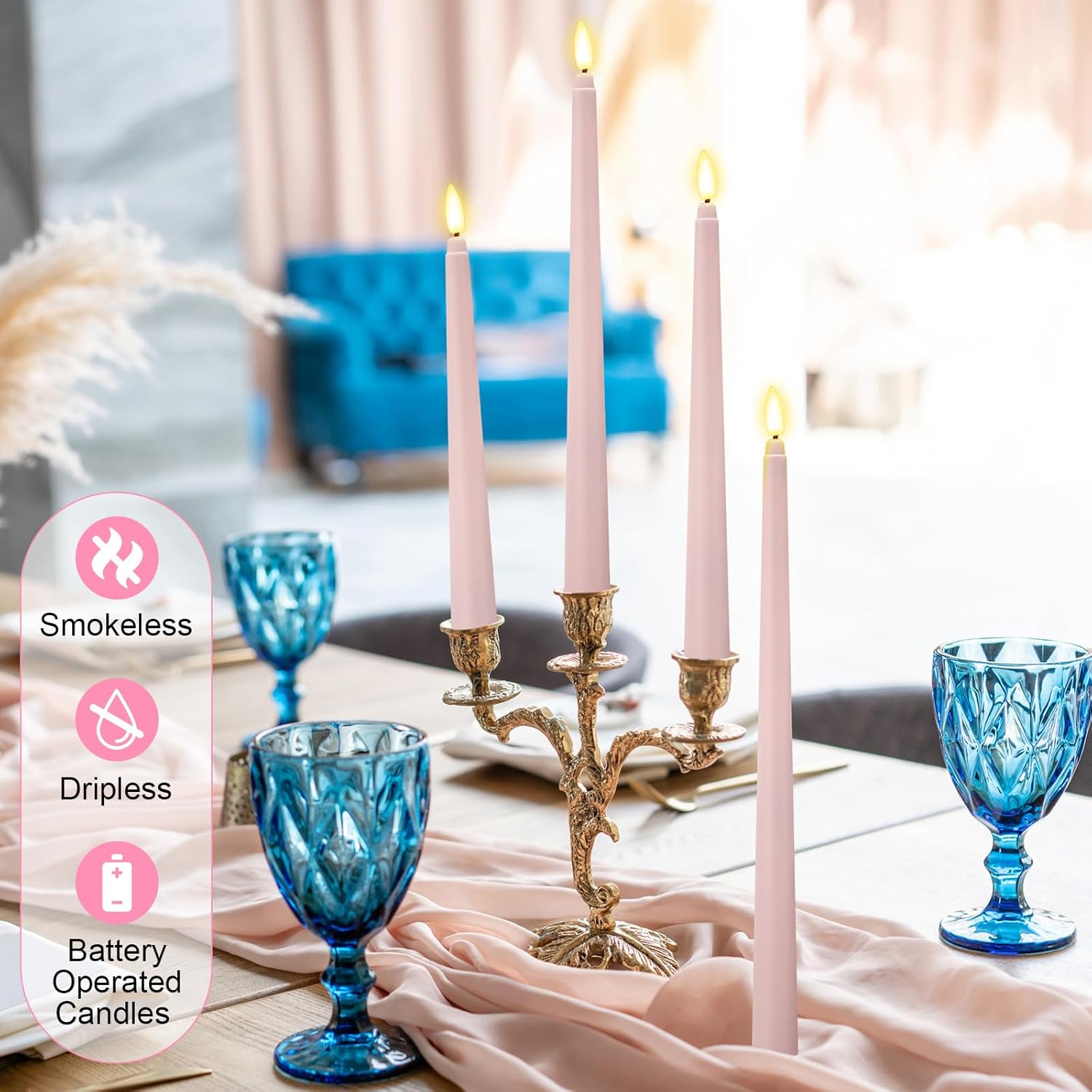 Rossesay 48 Pcs Flameless LED Taper Candles Battery Operated Candles 4 Sizes of 8.5'', 9.65'', 10.83'', 12.8'' Flameless Candlesticks Flickering for Halloween Christmas Church Wedding(Dusty Pink)
