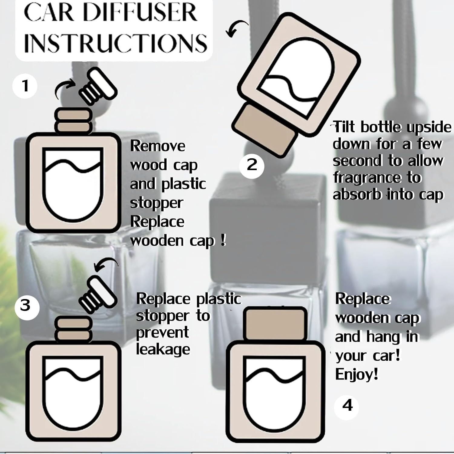 7 Pcs 8ml Hanging Car Air Freshener Diffuser,Empty Black Gradient Glass Essential Diffuser Oil Aromatherapy Fragrance Perfume Pendant Glass Vials with Wooden Caps (Square, 8ml)