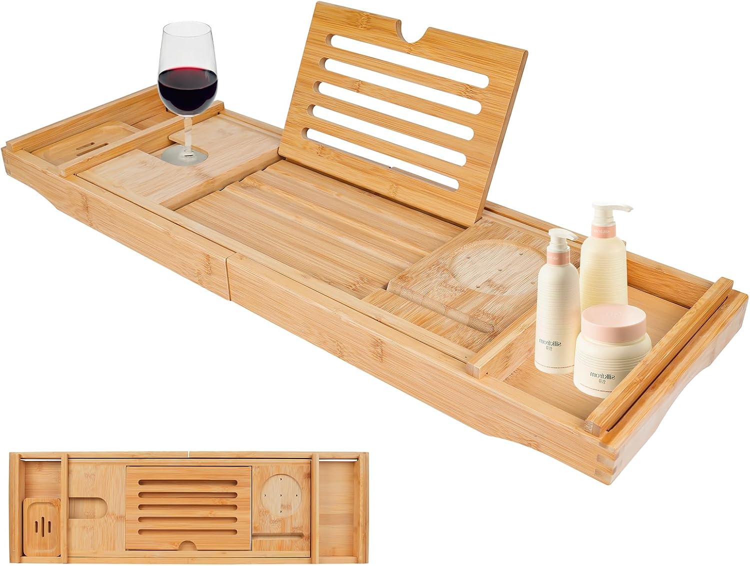 Bathtub Tray Caddy,Bamboo Bathroom Accessories,Expandable Bath Tray,Can be Placed Book and Integrated Tablet Smartphone and Wine Holder,Relaxing Gifts for Women(Natural)