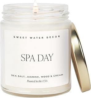 Sweet Water Decor Spa Day Soy Candle - Sea Salt, Jasmine, Wood and Cream Scented Spring Candles for Home - 9oz Clear Jar + Gold Lid, 40+ Hour Burn Time, Made in The USA
