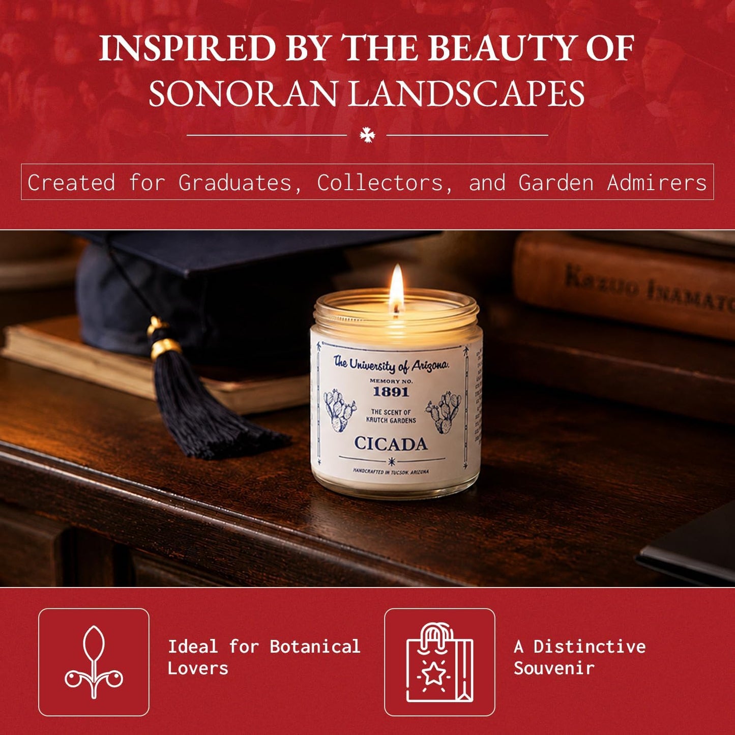 CICADA Succulent Garden Scented Candle Memory No.1891, University of Arizona Inspired Coconut-Soy Blend Wax, Cotton Wick, Cactus Sap Garden Greens Desert Soil Aroma, Hand-Poured Arizona Home Fragrance