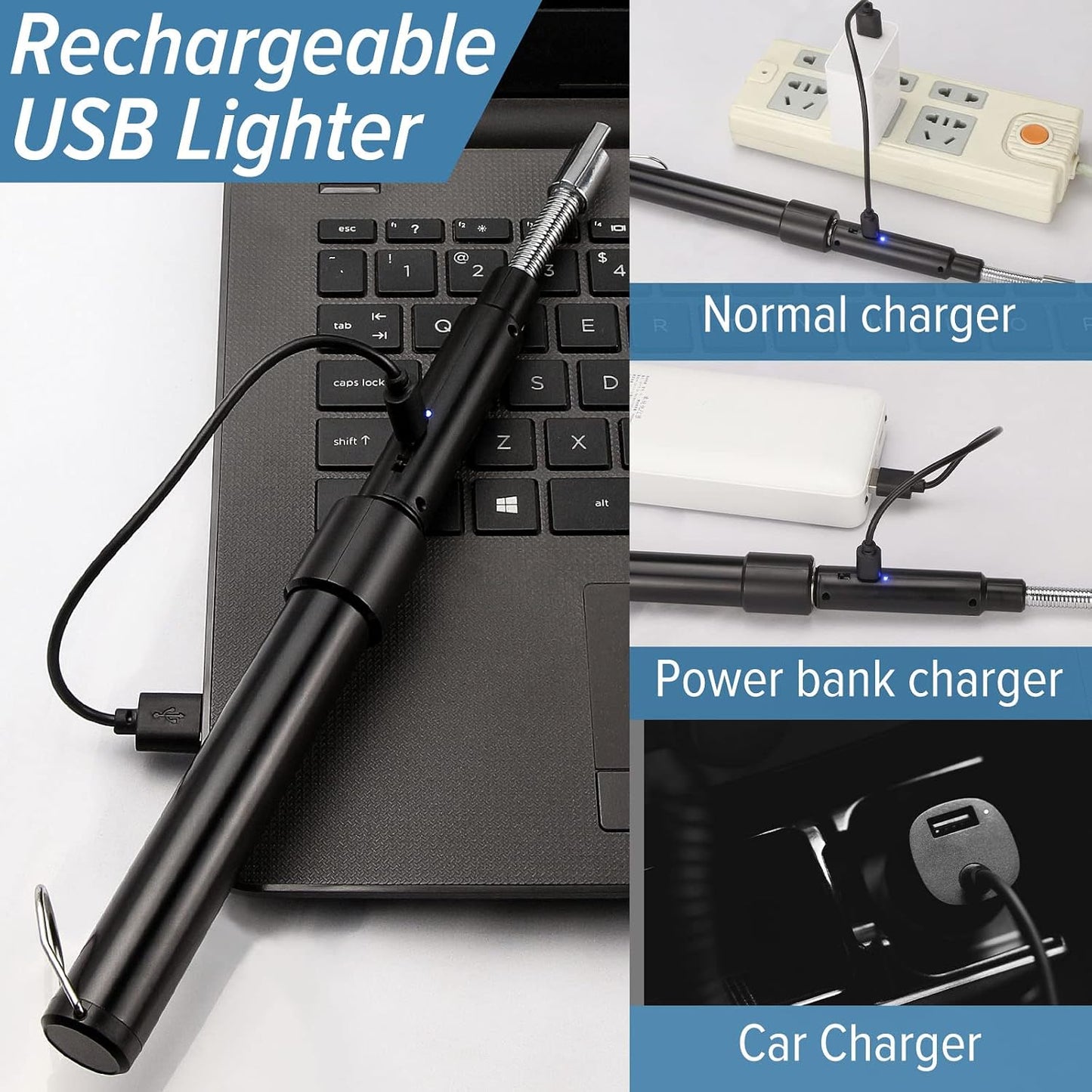 Electric Arc Flexible Neck Long Lighter,Retractable Length 11.4in to 27.55in,Rechargeable Windproof USB Lighter,360° Rotated Ignition Port, Lighters for Candle Fireplace Pilot Light BBQ Grill Black