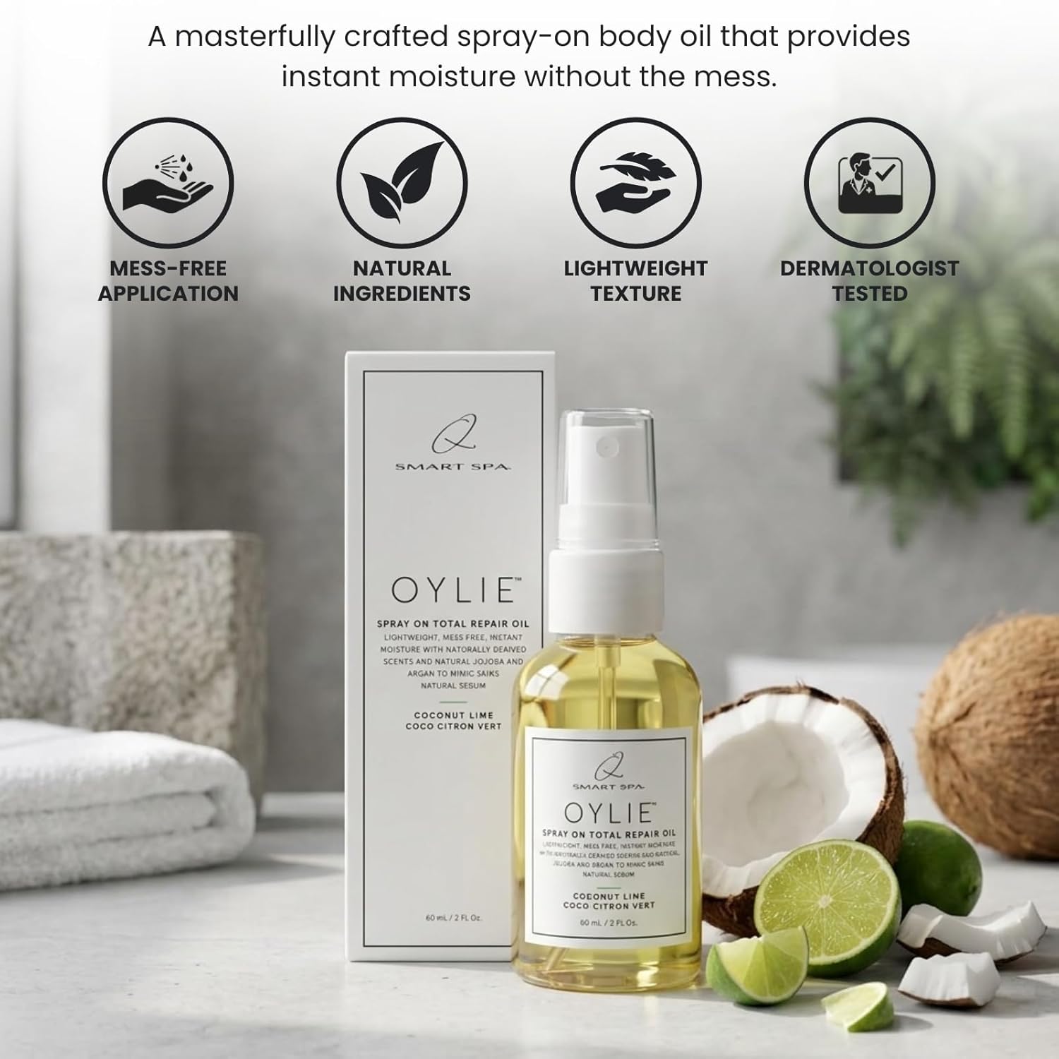 QTICA Oylie Spray On Total Repair Body Oil | Lightweight Spray Oil with Natural Jojoba & Argan Oil for Instant Moisture Smooth Finish Deep Hydration Soft Supple Looking Skin 2oz (Coconut Lime)