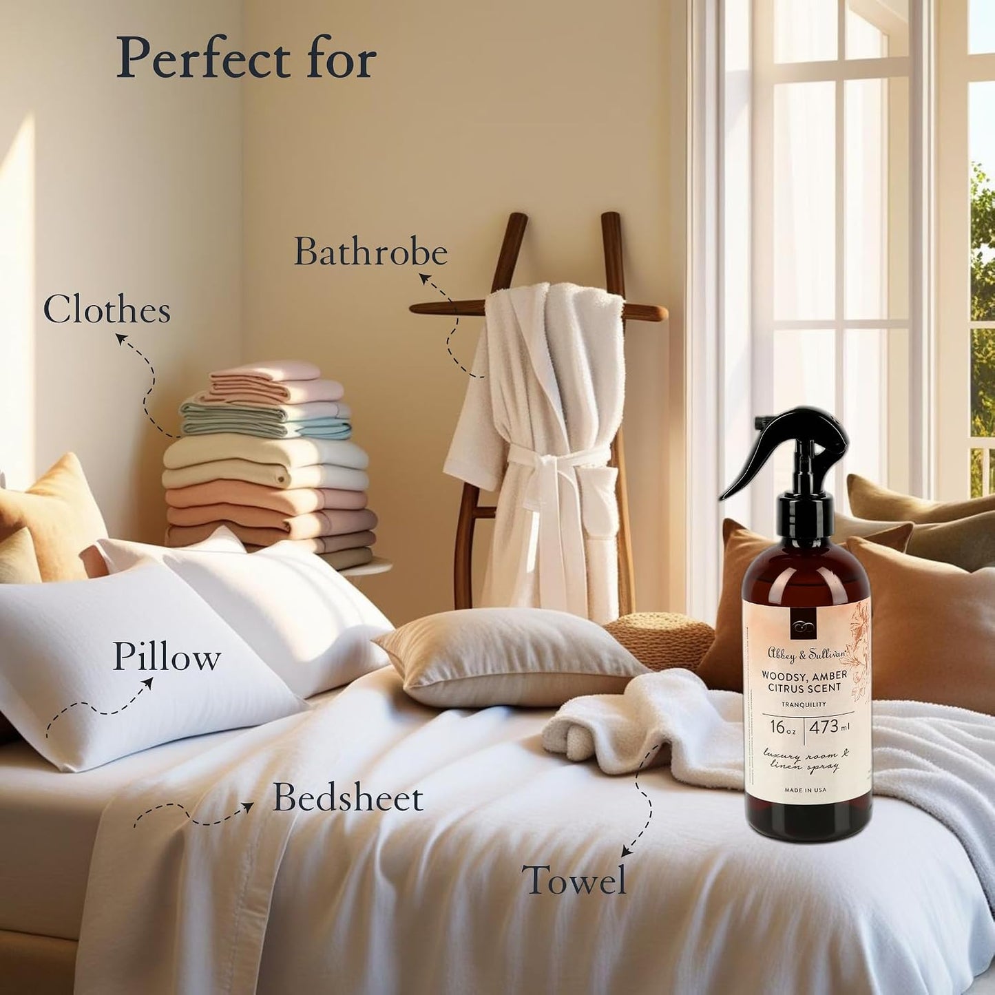 Abbey & Sullivan Linen Spray, Tranquility Warm Amber & Refreshing Citrus Odor Eliminating Scent, Pack of 2, 16 oz