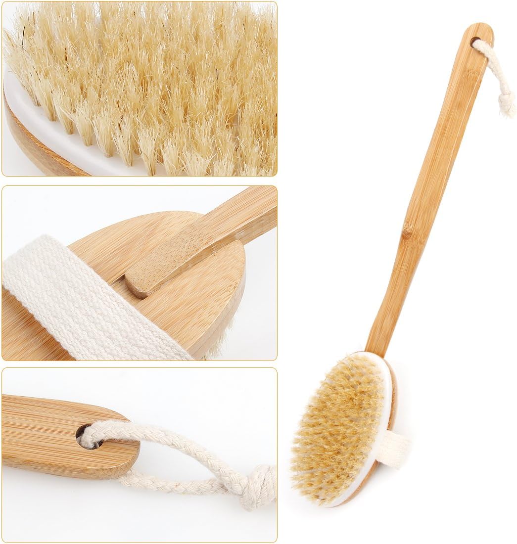 Bath Body Brush & Shower,Dry Skin Brushing with 100% Natural Boar Bristles & 16 inches Long Bamboo Detachable Handle,Back Scrubber for Exfoliates & Stimulates Blood Circulation-by Qlben