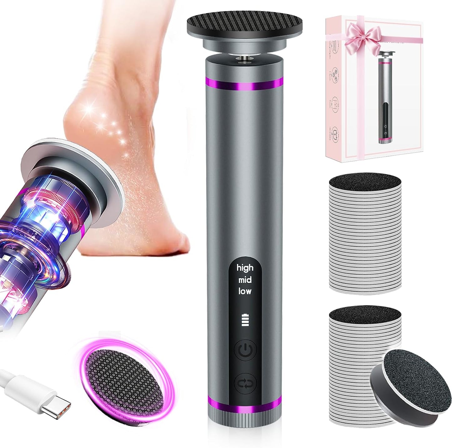 Electric Foot Callus Remover with Nano-Glass Head & 60Pcs Sandpaper Discs, 4 Hours Run Time, Electric Callus Remover for Feet with 3 Adjustable Speeds, Pedicure Tools for Dry Dead Skin Cracked Heels
