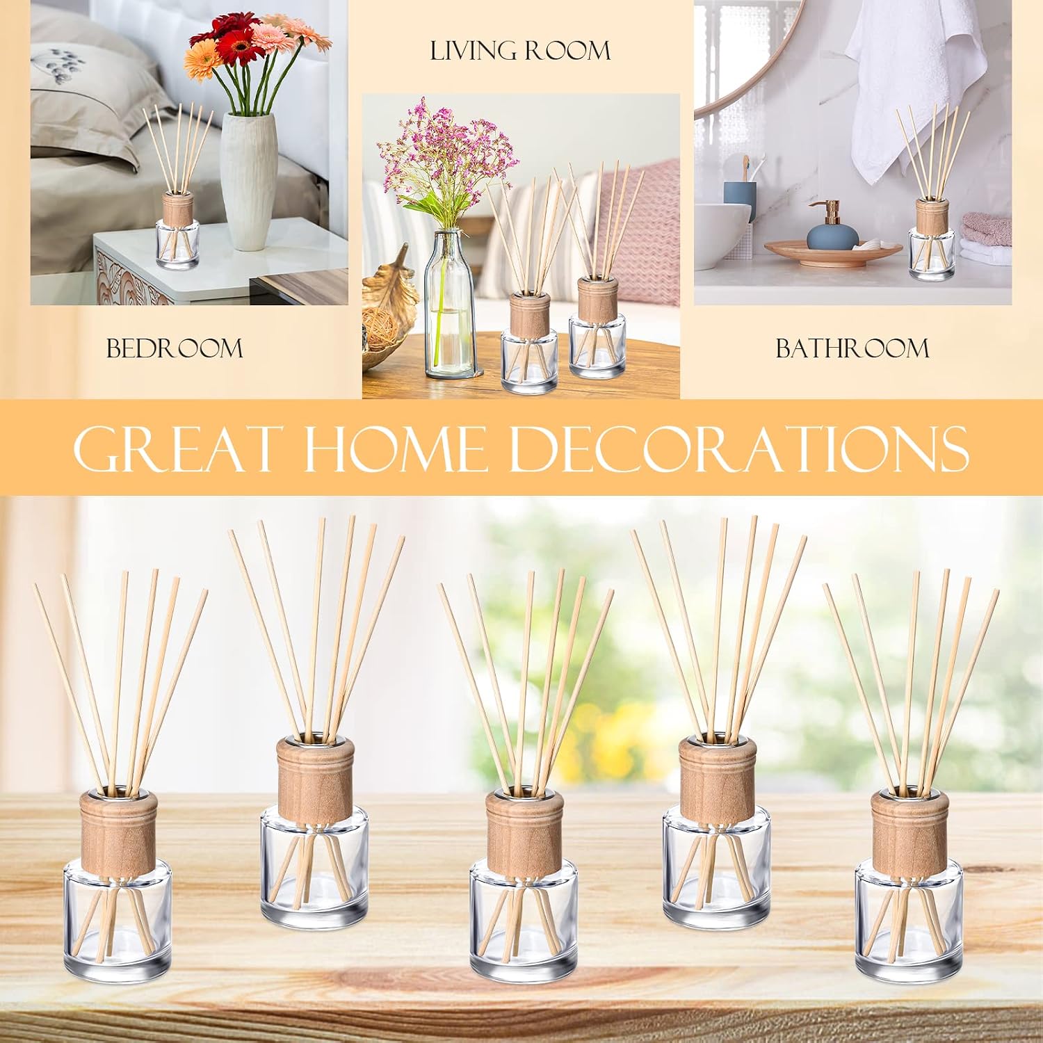 Roshtia 4 Set Reed Diffuser Bottle Empty Refillable Fragrance Glass Diffuser Bottles Set with Wooden Caps Sticks 50ml 1.7 oz Round Glass Jars for DIY Fragrance