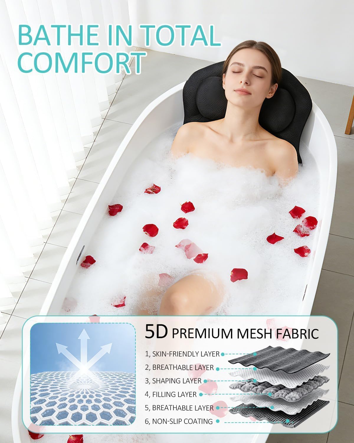 Full Body Bath Pillow for Bathtub, 5D Thick Tub Pillow for Bathtub with Movable Head, Neck & Lumbar Support, Laundry Bag & Hook, Bathtub Pillow for Post-Yoga Spa, Deep Relaxation(Black, 51"*15")