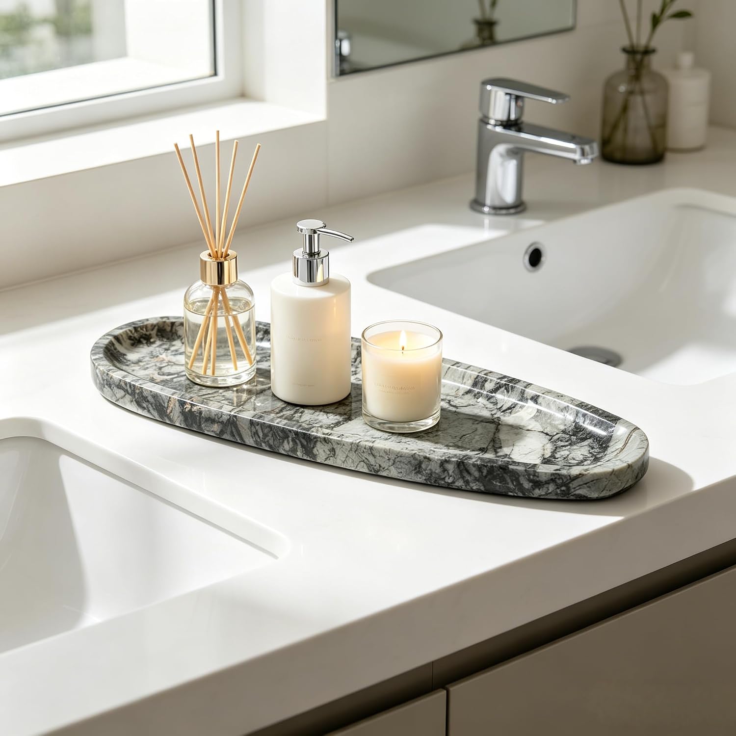 Natural Marble Vanity Tray, 16.6"x4.6" Grey Real Stone Decorative Tray for Bathroom Countertop & Home Decor, Catchall Organizer for Jewelry, Candles, Cosmetics & Perfume（Grey）
