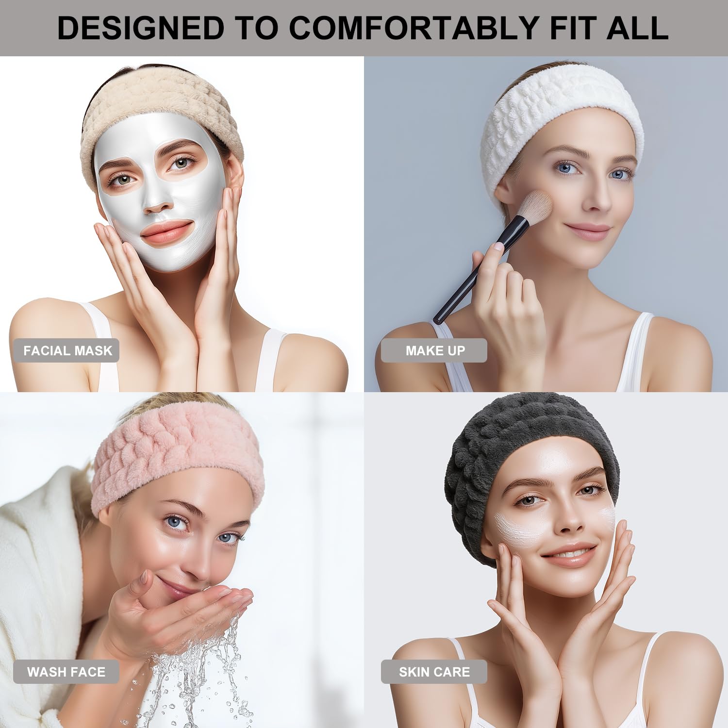 4 Pieces Spa Headband for Women Skincare Headband Makeup Headbands for Washing Face Spa Shower Gifts(Milky-White, Grey, Pink, Dark Grey)