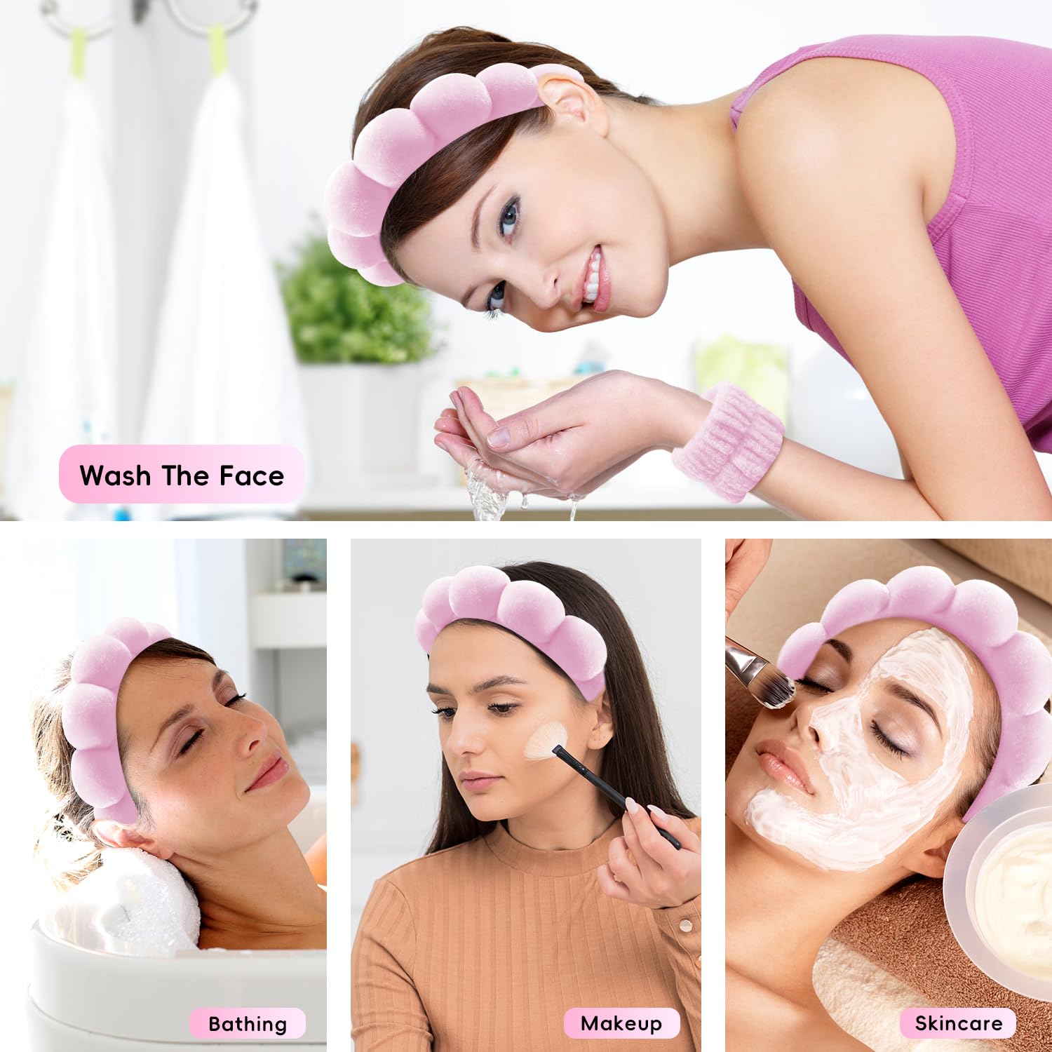 my novel things Spa Headband for Washing Face, Cute Skincare Headband and Wristband With Hair Clips Gift Set for Women Girl, Soft-Puffy Velvet Makeup Headbands (Pink)