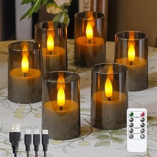 Rechargeable Acrylic Flameless Votive Candles with Timer & Remote Control, 1.7" x2.5" Flickering LED Warm Glow Tealight for Home, Wedding, Holiday Decor (Set of 6, Grey)