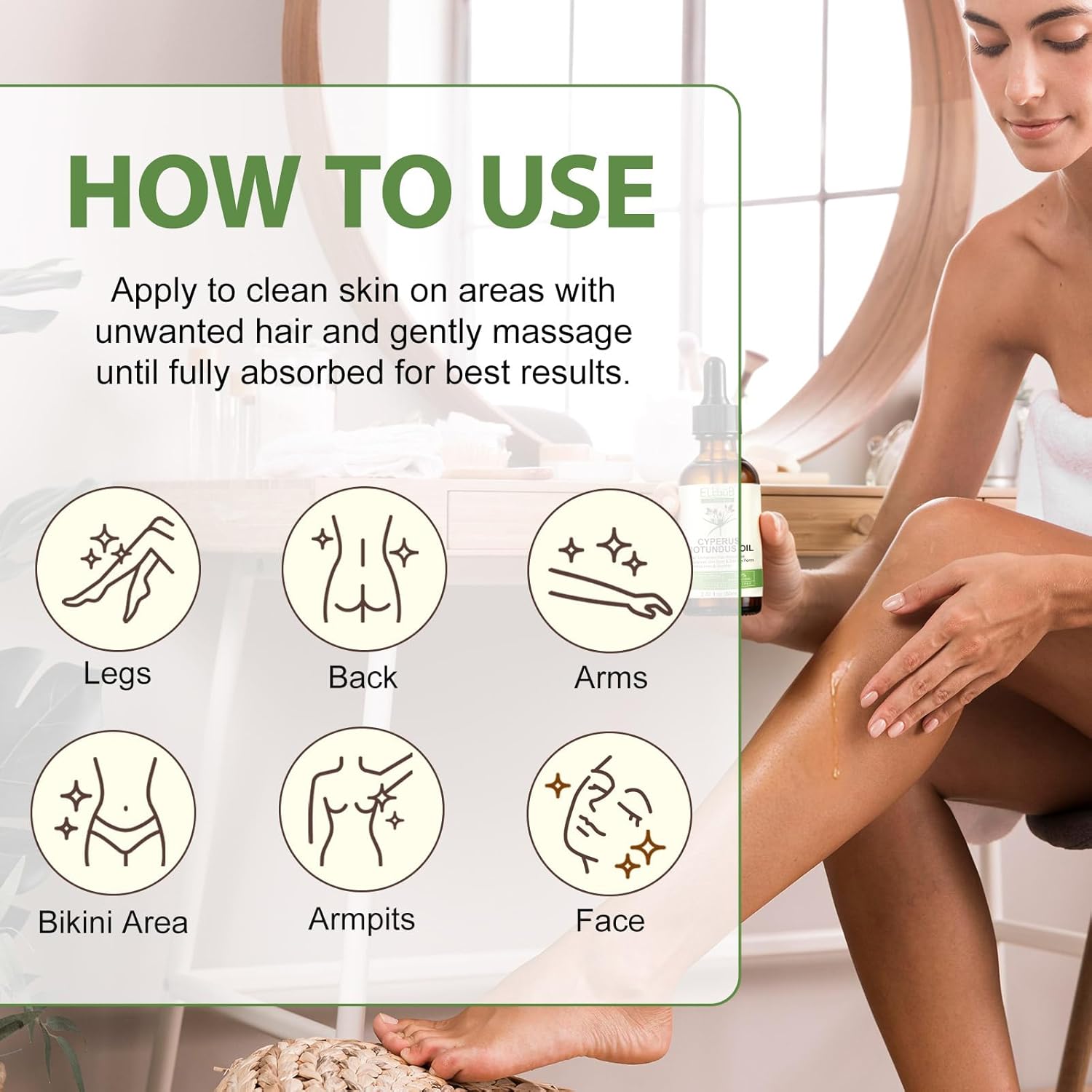 ELBBUB Cyperus Rotundus Oil - Natural Hair Minimizer & Post Shave Soothing Care - Enriched with Sweet Almond & Aloe - Gentle Moisturizing Body Oil for All Skin Types