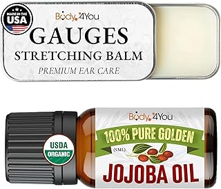 BodyJ4You Piercing Aftercare Kit - Ear Stretching Balm - 100% USDA Organic Jojoba Oil - Stretched Ear Gauges Tragus Nose Septum Lip Navel - Soothe Moisturize Skin Recovery Pure Natural Vegan Solution