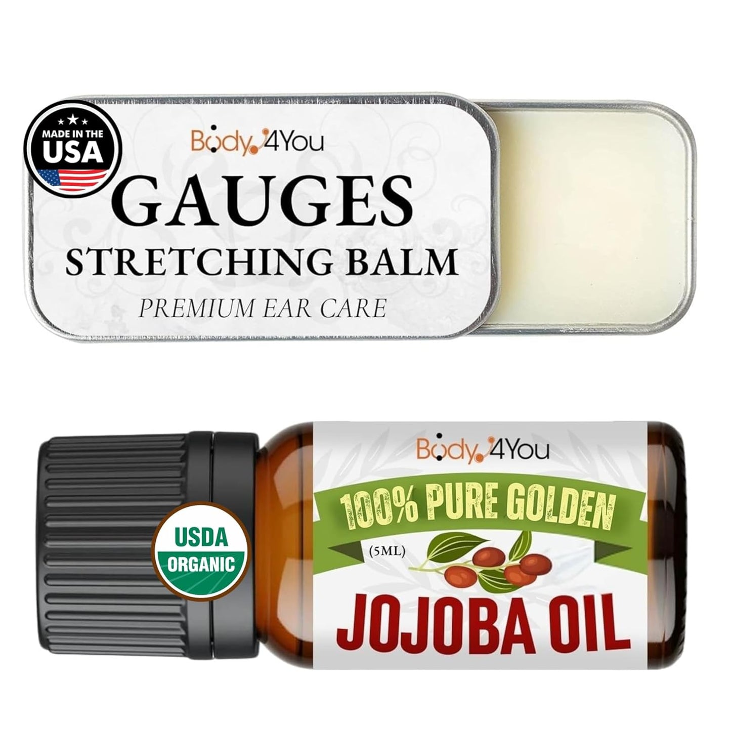 BodyJ4You Piercing Aftercare Kit - Ear Stretching Balm - 100% USDA Organic Jojoba Oil - Stretched Ear Gauges Tragus Nose Septum Lip Navel - Soothe Moisturize Skin Recovery Pure Natural Vegan Solution
