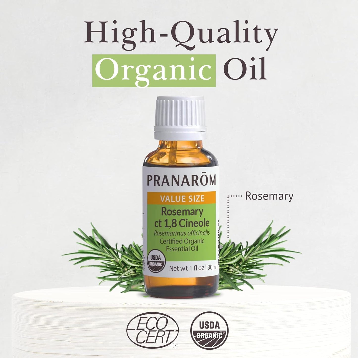 Pranarom USDA Certified Organic Rosemary Cineole Essential Oil (30ml), 100% Pure Undiluted Therapeutic Grade from Tunisia for Aromatherapy, Diffuser, Meditation, Massage, Relaxation