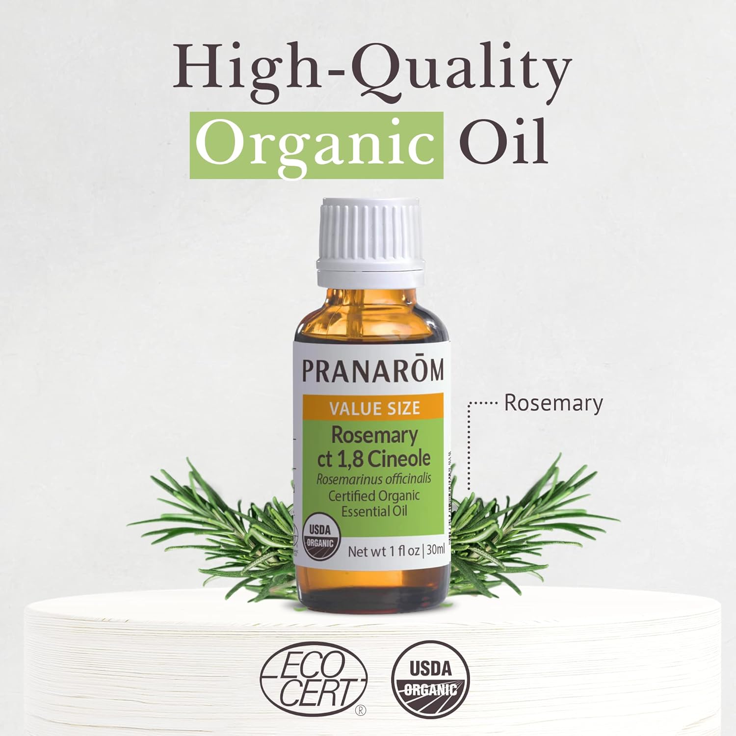 Pranarom USDA Certified Organic Rosemary Cineole Essential Oil (30ml), 100% Pure Undiluted Therapeutic Grade from Tunisia for Aromatherapy, Diffuser, Meditation, Massage, Relaxation